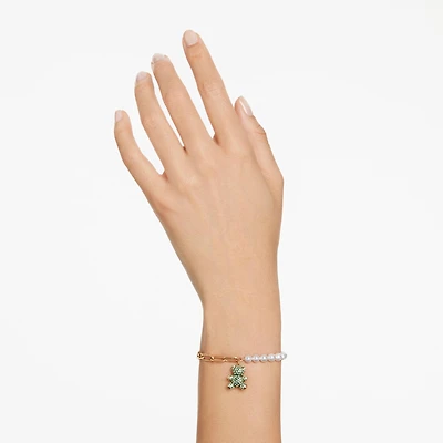 Teddy bracelet, Crystal pearl, Bear, Green, Gold-tone plated