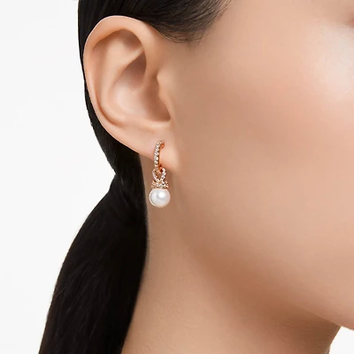 Originally drop earrings, Crystal pearl, White, 18K rose gold finish