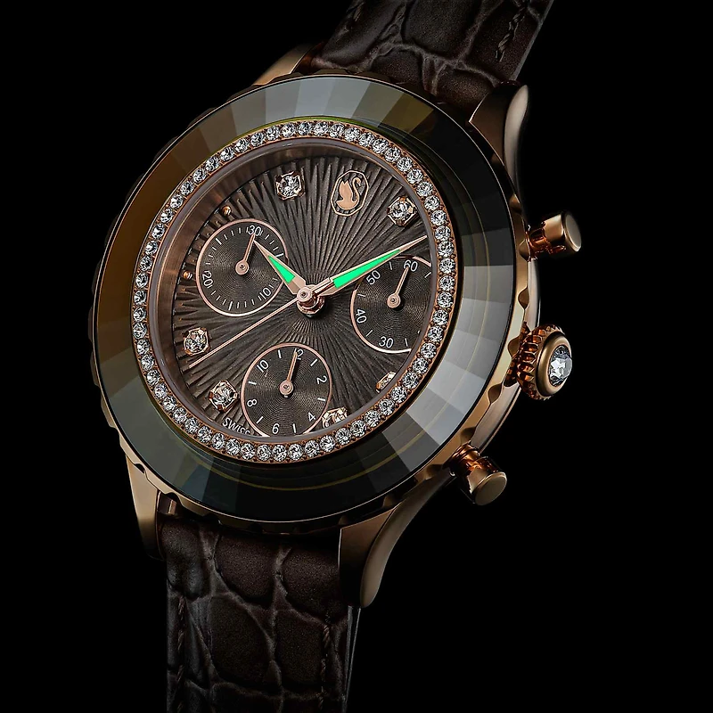 Octea chrono watch, Swiss Made, Leather strap, Grey, Rose gold-tone finish by SWAROVSKI