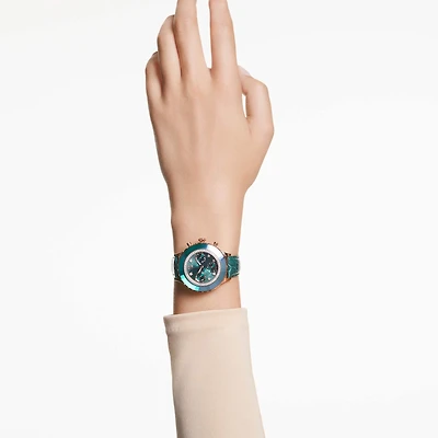 Octea chrono watch, Swiss Made, Leather strap, Green, Rose gold-tone finish