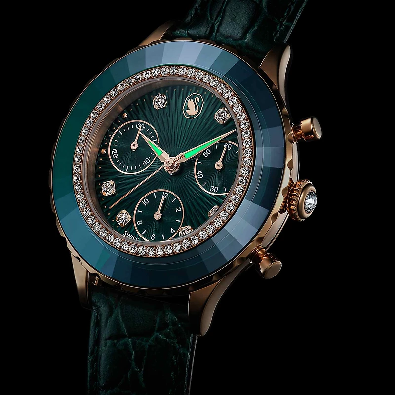 Octea chrono watch, Swiss Made, Leather strap, Green, Rose gold-tone finish by SWAROVSKI