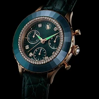 Octea chrono watch, Swiss Made, Leather strap, Green, Rose gold-tone finish by SWAROVSKI