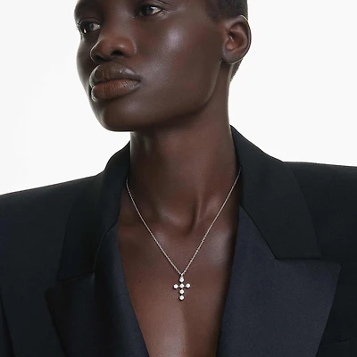 Insigne pendant, Round cut, Cross, White, Rhodium plated