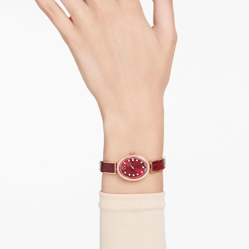 Crystal Rock oval watch, Swiss Made, Metal bracelet, Red, Rose gold-tone finish by SWAROVSKI