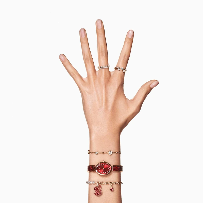 Crystal Rock oval watch, Swiss Made, Metal bracelet, Red, Rose gold-tone finish by SWAROVSKI