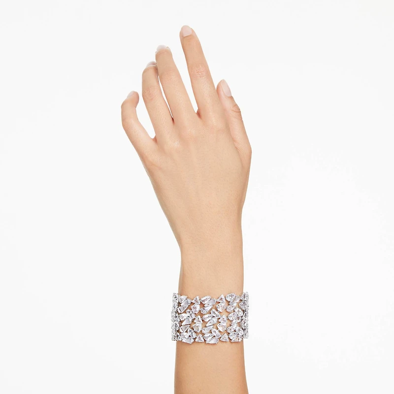 Mesmera wide bracelet, Mixed cuts, White, Rhodium plated by SWAROVSKI