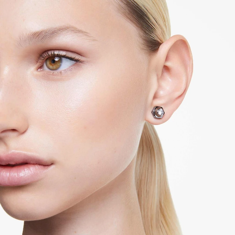 Numina stud earrings, Round cut, White, Ruthenium plated by SWAROVSKI