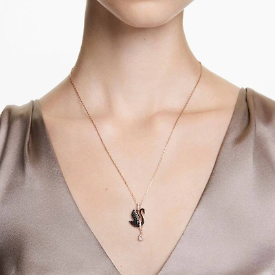 Swan pendant, Swan, Black, Rose gold-tone plated