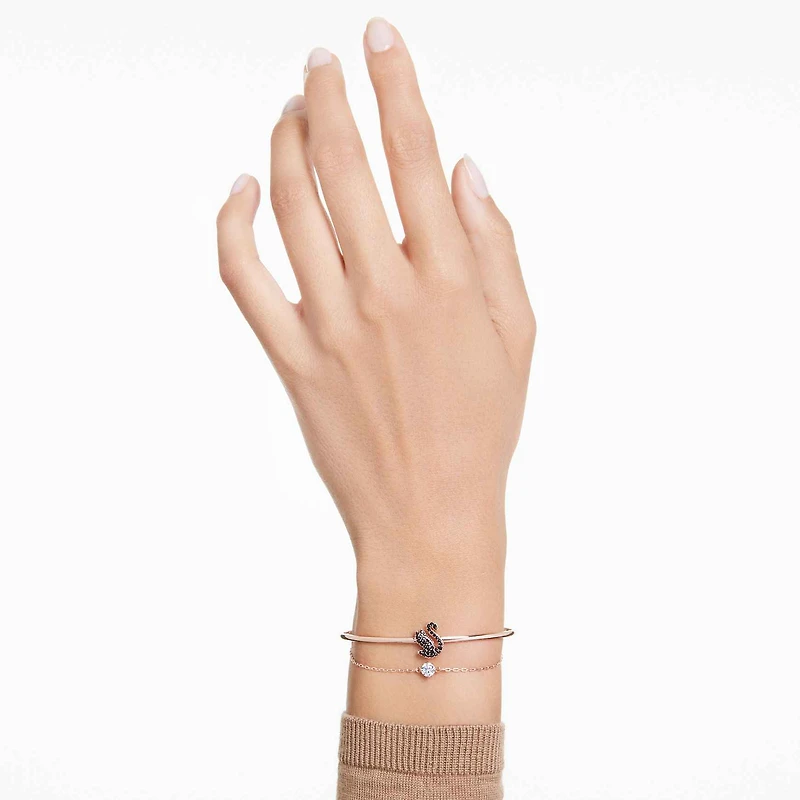 Swan bangle, Swan, Black, 18K rose gold finish