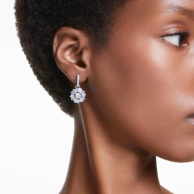 Idyllia drop earrings, Mixed cuts, Flower, Blue, Rhodium plated