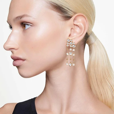 Imber drop earrings, Round cut, Chandelier, White, Gold-tone plated