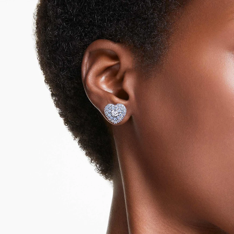 Idyllia stud earrings, Heart, Blue, Rhodium plated by SWAROVSKI