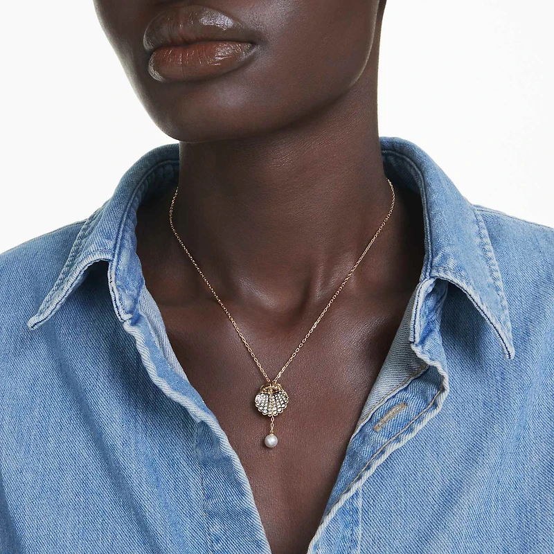 Idyllia Y pendant, Crystal pearl, Shell, White, 18K gold finish