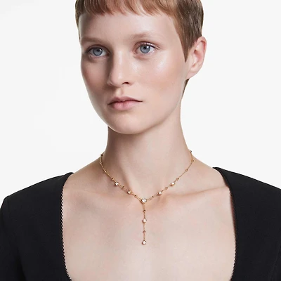 Imber Y necklace, Round cut, White, Gold-tone plated