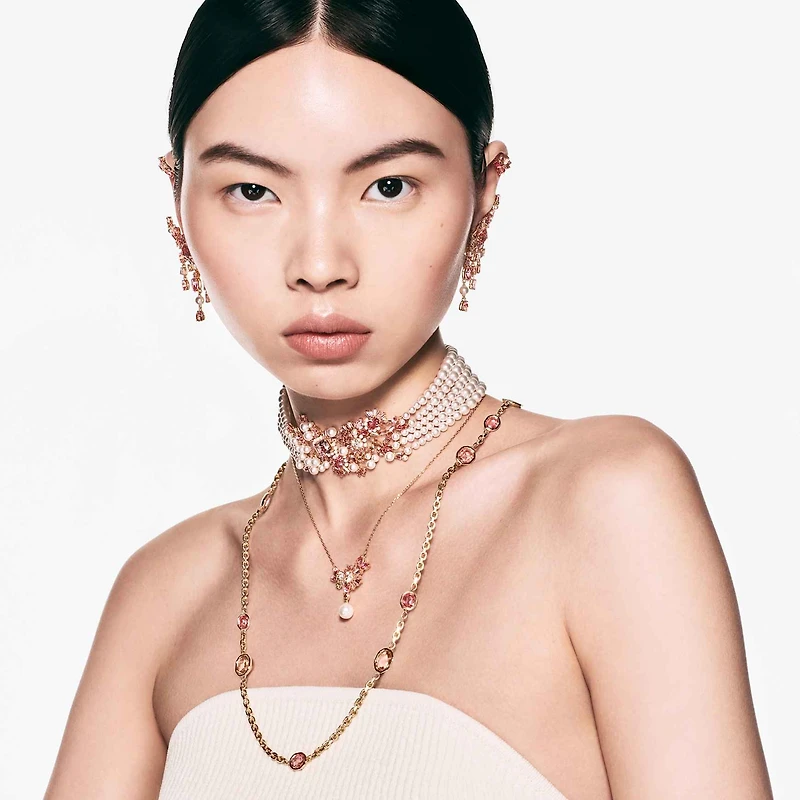 Gema pendant, Mixed cuts, Crystal pearl, Flower, Pink, Gold-tone plated by SWAROVSKI