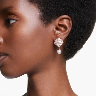 Idyllia drop earrings, Crystal pearl, Shell, White, 18K rose gold finish