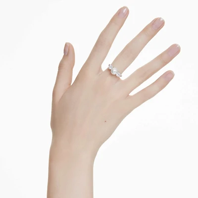 Matrix cocktail ring, Crystal pearl, Round cut, White, Rhodium plated