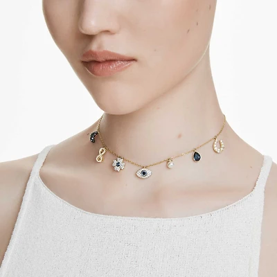Symbolica choker, Crystal pearl, Moon, infinity, clover, evil eye and horseshoe, Blue, 18K gold finish