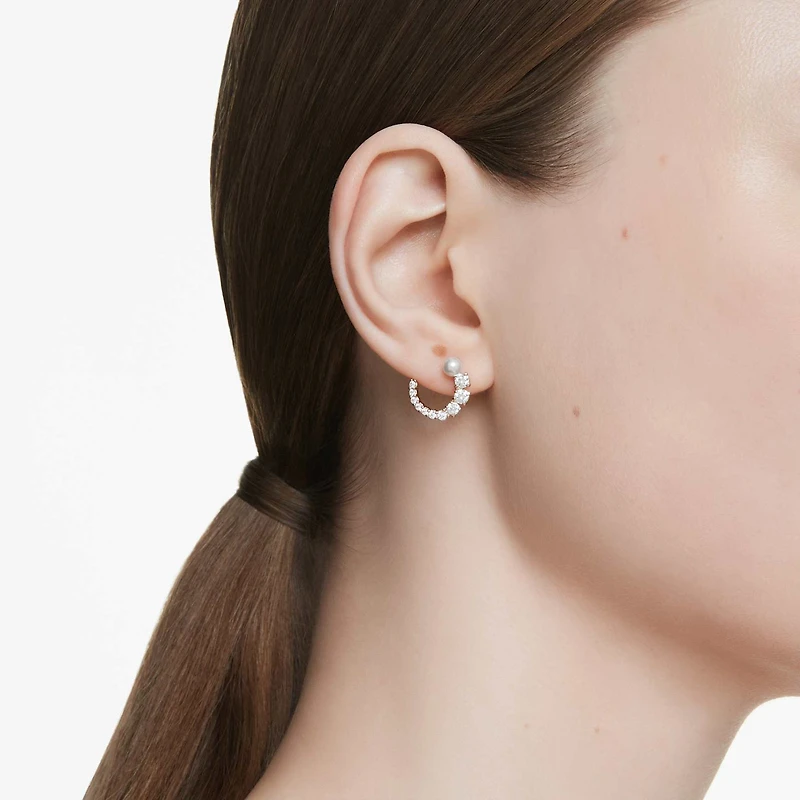 Matrix hoop earrings, Crystal pearl, Round cut, White, 18K rose gold finish