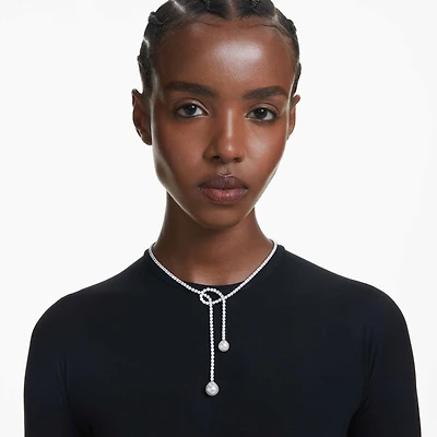 Matrix Y necklace, Crystal pearl, Round cut, White, Rhodium plated