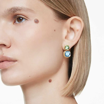 Chroma drop earrings, Cushion cut, Multicoloured, 18K gold finish