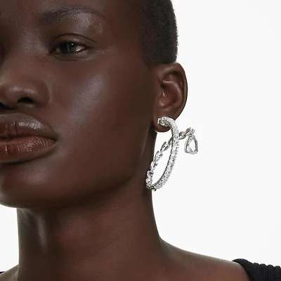 Matrix hoop earrings, Mixed cuts, White, Rhodium plated