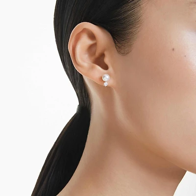 Matrix stud earrings, Crystal pearl, Round cut, White, Rhodium plated