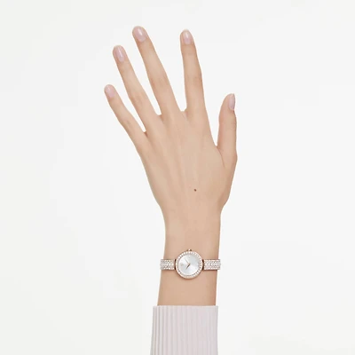 Matrix pearl bangle bangle watch, Swiss Made, Crystal bracelet, White, Rose gold-tone finish