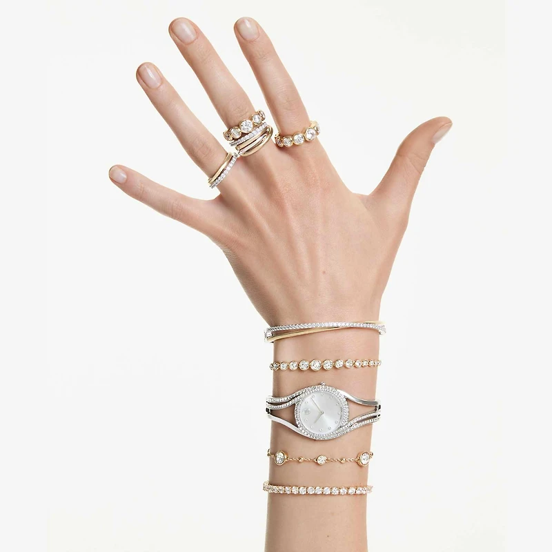 Imber bracelet, Mixed round cuts, White, 18K gold finish