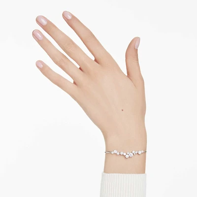 Constella bangle, Crystal pearl, Round cuts, White, Rhodium plated