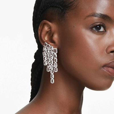 Millenia clip earrings, Octagon cut, Chandelier, White, Rhodium plated
