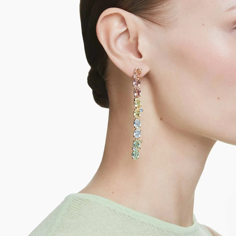 Gema drop earrings, Asymmetrical design, Mixed cuts, Long, Multicoloured, 18K gold finish