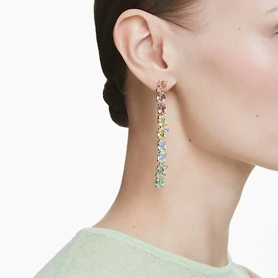 Gema drop earrings, Asymmetrical design, Mixed cuts, Long, Multicoloured, Gold-tone plated
