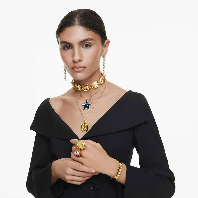 Gema drop earrings, Asymmetrical design, Mixed cuts, Long, Multicoloured, 18K gold finish