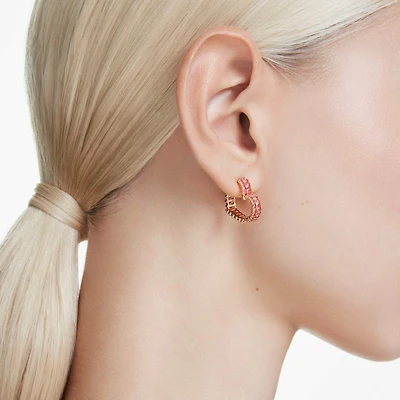 Matrix hoop earrings, Baguette cut, Heart, Small, Pink, Gold-tone plated