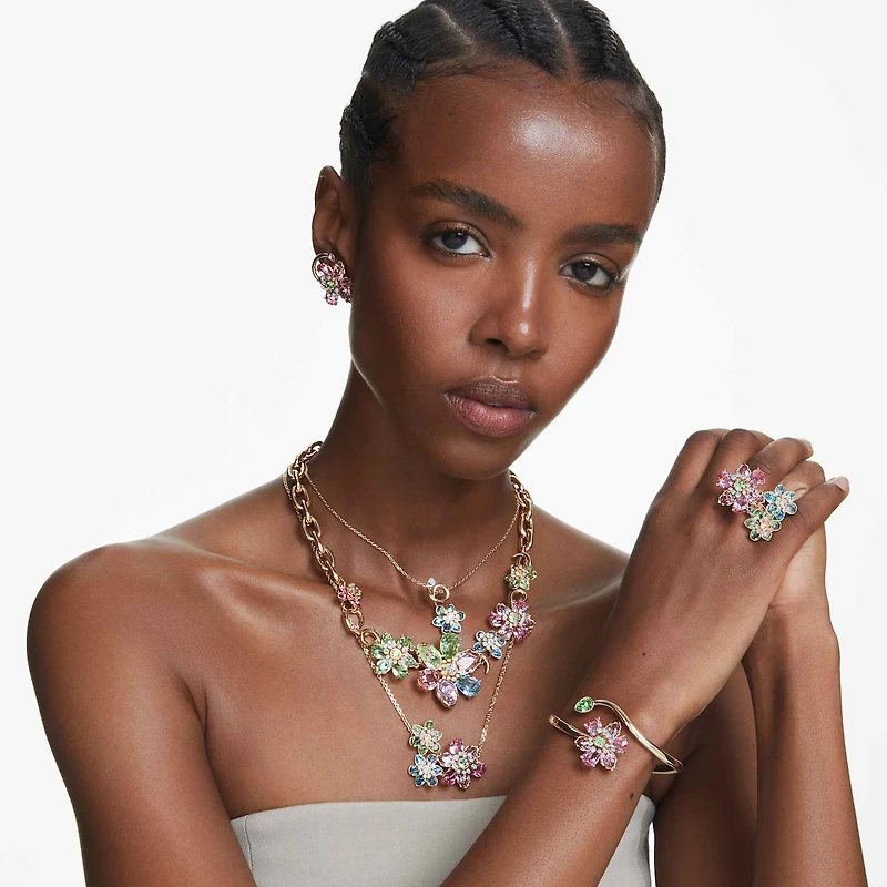 Idyllia ear cuff, Set (3), Asymmetrical design, Mixed cuts, Flower, Multicoloured, 18K gold finish