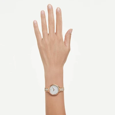 Crystalline bangle watch, Swiss Made, Metal bracelet, Beige, Rose gold-tone finish