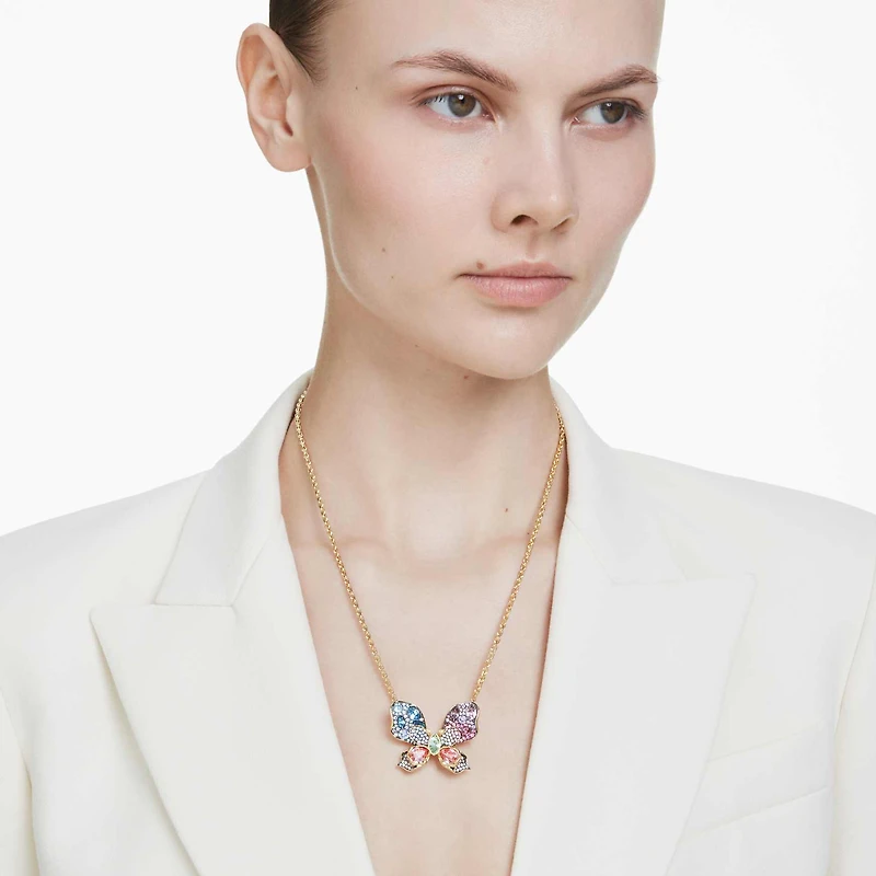 Idyllia pendant and brooch, Mixed cuts, Pavé, Butterfly, Multicoloured, 18K gold finish