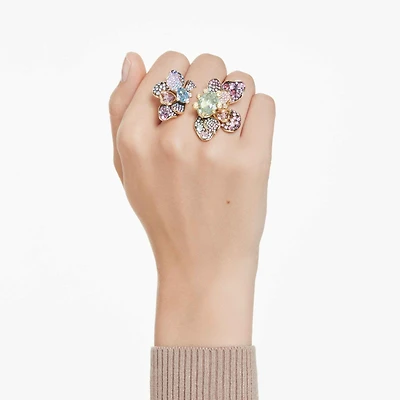 Idyllia ring, Mixed cuts, Pavé, Flower, Multicoloured, Gold-tone plated