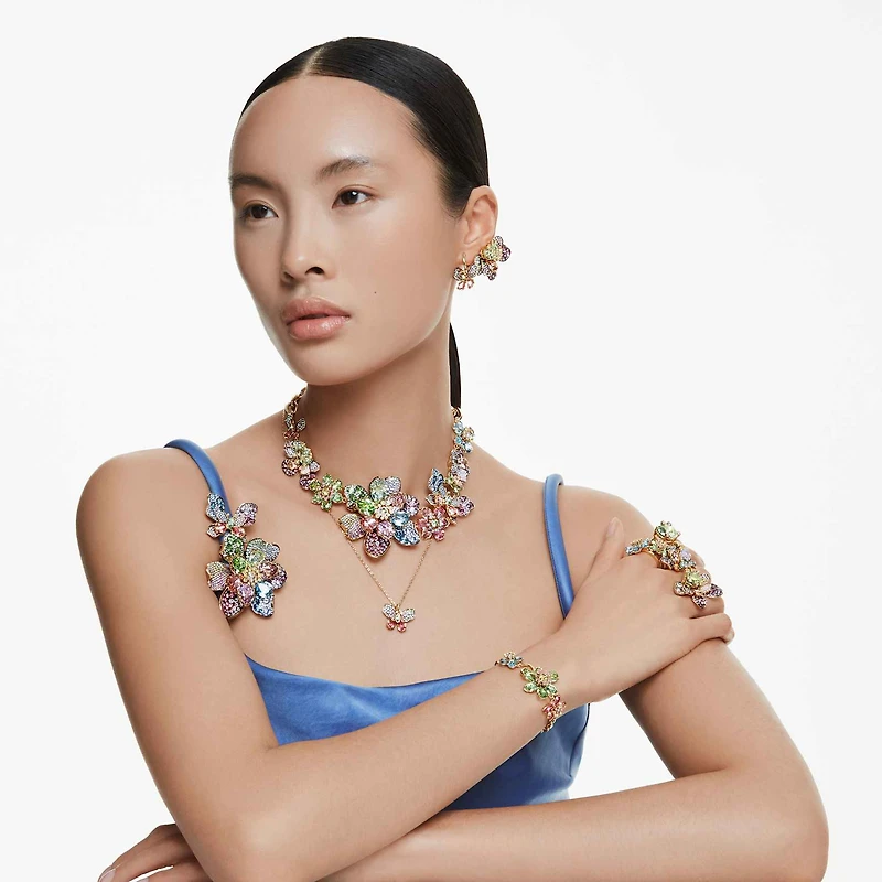 Idyllia ring, Mixed cuts, Pavé, Flower, Multicoloured, 18K gold finish
