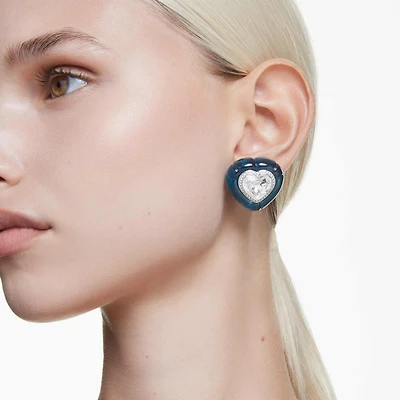 Dulcis clip earrings, Heart cut, Pavé, Heart, Blue, Rhodium plated