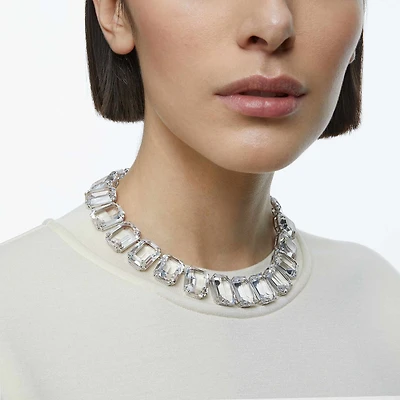 Millenia necklace, Oversized crystals, Octagon cut, White, Rhodium plated