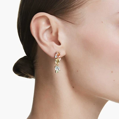 Gema drop earrings, Asymmetrical design, Mixed cuts, Multicoloured, 18K gold finish