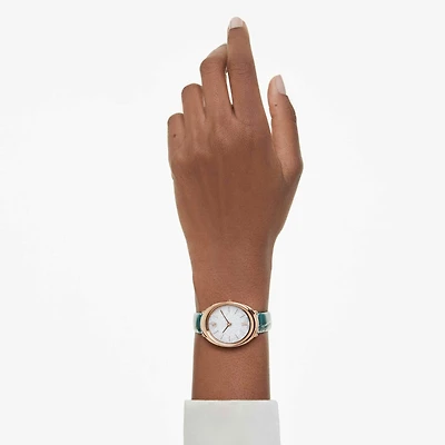 Imber oval watch, Swiss Made, Leather strap, Green, Rose gold-tone finish