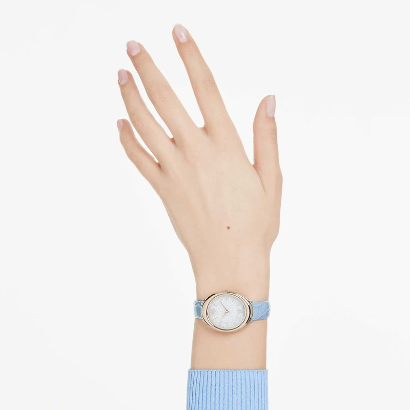 Imber oval watch, Swiss Made, Leather strap, Blue, Champagne gold-tone finish by SWAROVSKI