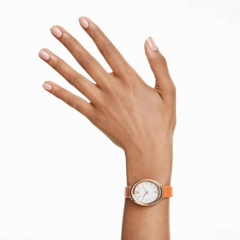 Imber oval watch, Swiss Made, Leather strap, Orange, Rose gold-tone finish by SWAROVSKI