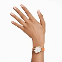 Imber oval watch, Swiss Made, Leather strap, Orange, Rose gold-tone finish by SWAROVSKI