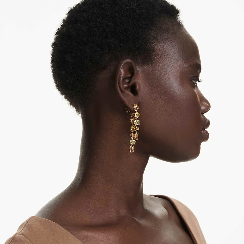 Gema drop earrings, Asymmetrical design, Mixed cuts, Long, Yellow, 18K gold finish