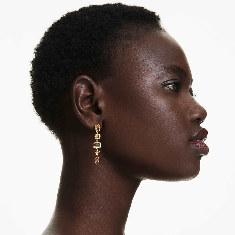 Gema drop earrings, Asymmetrical design, Mixed cuts, Long, Yellow, 18K gold finish