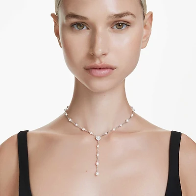 Ariana Grande x Swarovski Y necklace, Mixed cuts, Crystal pearl, Heart, White, Rhodium plated